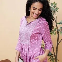 globus Embroidered & Sequinned Yoke Allover Bandhani Printed Pleated A-Line Kurta-picture-49