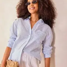 Women Striped Oversized Shirt with Patch Pocket-image-5