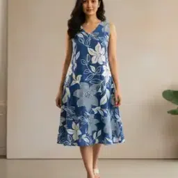 Women Floral Print V-Neck A-Line Dress-image-66