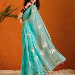 indie picks Floral Print Linen Cotton Saree  image 1
