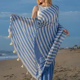 zikaraa Women Striped Saree with Tassels image 1