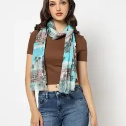 Women Tropical Print Scarf with Fringes-image-81
