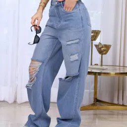 Shein Full Length High Rise Heavy Wash Distressed Jeans image 1