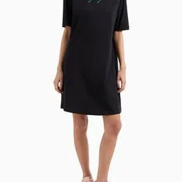 armani exchange Women Cotton Round-Neck A-Line Dress with Brand Print-picture-13