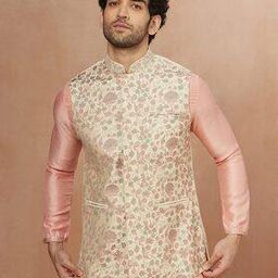 manyavar Floral Print Nehru jacket with Welt Pockets-picture-25