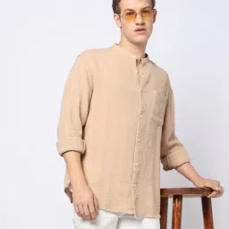 yousta Men Textured Relaxed Fit Shirt with Mandarin Collar image 1