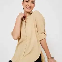 styli Women Roll-Up Sleeves Crepe Oversized Longline Shirt-picture-29