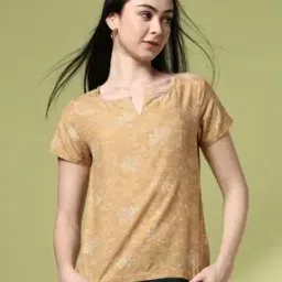 Women Leaf Print Relaxed Fit Cotton Top-image-48