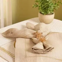 pure home and living Set of 4 Beige Linen Zari Embroidered Square Napkins-picture-12