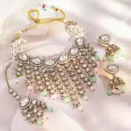 Women Gold-Plated Stone-Studded Necklace & Earrings with Mangtika Set-image-15
