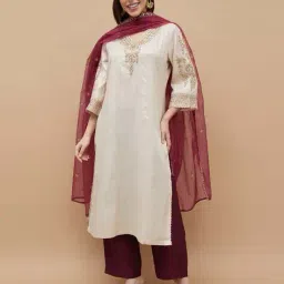 melange by lifestyle Women Embroidered Straight Kurta Suit Set image 1