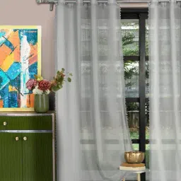 hosta homes Set of 2 Sheer Door Curtains with Pom-Pom image 1