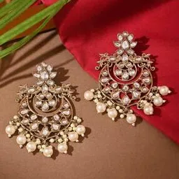 fida Women Gold-Plated Stone-Studded Pearl Drop Chandbali Earrings-picture-23