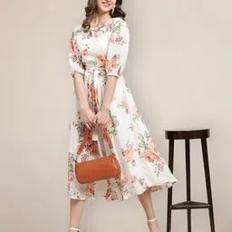 fabflee x ag Women Floral Print Fit & Flare Dress with Tie-Up-picture-22
