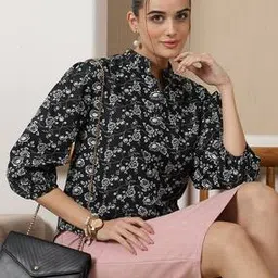 Shein Floral Pattern Short Length 3/4th Peasant Sleeves Mandarin Collar Curved Hem Shirt-picture-38