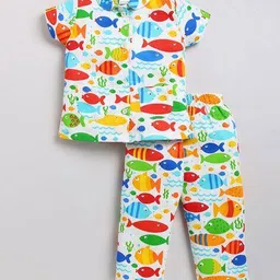 nauti kidz Girls Fish Print Cotton Shirt & Pyjamas Set image 1