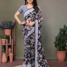 villagius Women Floral Print Saree with Contrast Border image 1
