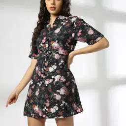 rio Women Floral Print A-Line Dress with Waist Tie-Up image 1