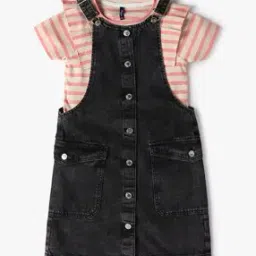 Girls Regular Fit Pinafore Dress with Striped T-Shirt-image-44