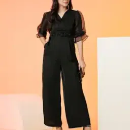 Women Floral Applique Waist Wrap Neck Puffed Sleeves Party Jumpsuit-image-3