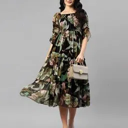 asthamoxi Women Leaf Print Fit & Flared Dress-picture-37