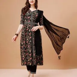 berrylicious Women Floral Print Anarkali Kurta with Pants & Dupatta-picture-11