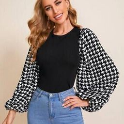 Houndstooth Print Round-Neck Top-image-3