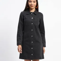 madame Women Denim Shirt Dress with Patch Pockets-picture-34