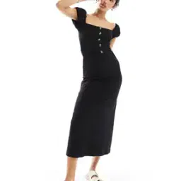 asos design Button-Front Square-Neck Midi Dress with Puff Sleeves-picture-42