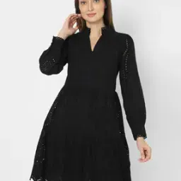 vero moda Women Schiffli Fit & Flare Dress with Cuffed Sleeves-picture-12