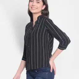 crimsoune club Women Striped Slim Fit Shirt with Mandarin Collar-picture-37