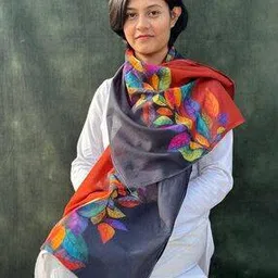 buta buti Women Leaf Print Scarf with Folded Hem-picture-11