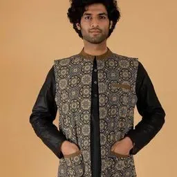 tjori Men Floral Print Nehru Jacket with Welt Pockets-picture-38