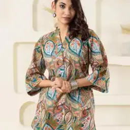 svaraa Women Leaf Print Relaxed Fit Cotton Top-picture-21