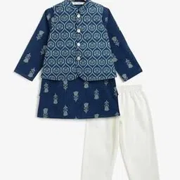 Boys Floral Print Cotton Kurta Pyjama Set with Jacket-image-31