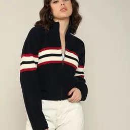 Women Striped Regular Fit Zip-Front Sweater-image-56