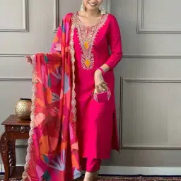 dayaachi Women Embroidered Straight Kurta with Pants & Dupatta image 1