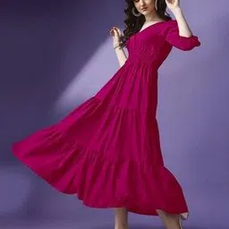 femvy Women V-Neck Tiered Dress with Puff Sleeves-picture-33