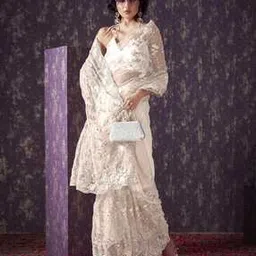 Women Floral Embroidered Net Saree-image-13