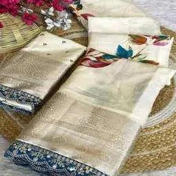 peachmode Women Leaf Print Saree with Lace Detail-picture-12