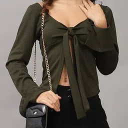 Shein Tie-Up Neck Bell Sleeves Open Front Ribbed Relaxed Fit Top-picture-37