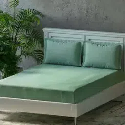 trance home linen 300TC Pure Cotton King Size Plain Fitted Bedsheet with 2 Pillow Covers - Aqua Green-picture-11