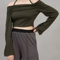 Shein Tie-Up Off Shoulder Bell Sleeve Fitted Ribbed Crop Top-picture-25