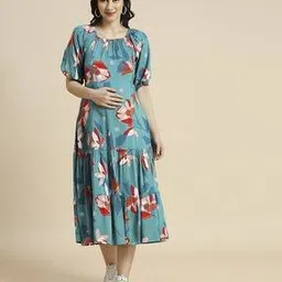 Women Floral Print Round-Neck Tiered Dress-image-0