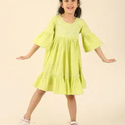 fabindia Girls Embroidered Round-Neck Fit & Flare Dress image 1