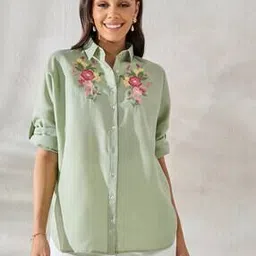 Women Oversized Longline Floral Embroidered Shirt-image-0