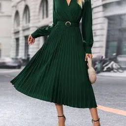 divawalk Women Pleated Fit & Flare Dress with Belt-picture-30