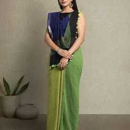 indie picks Colourblock Handloom Cotton Saree with Pom-Pom-picture-13