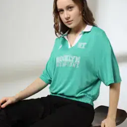 Women Typographic Print Regular Fit Polo T-Shirt-image-1