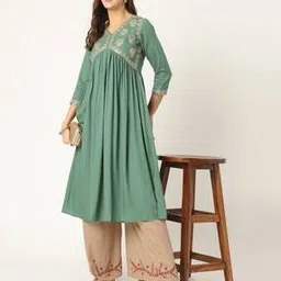 jhanvi designer studio Women V-Neck Embroidery Flared Kurta-picture-22